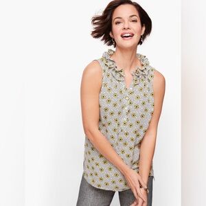Talbots Sleeveless Ruffle Neck Henley Popover in Daisy Dot Print Small Flower